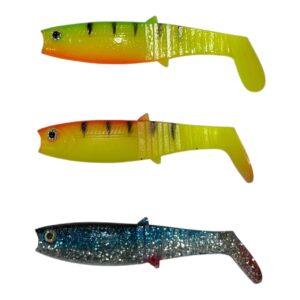 مقایسه تنوع رنگی طعمه ژله‌ای رمیکسون مدل Buster Shad 8cm شامل رنگ‌های فایرتایگر، زرد-قرمز و نقره‌ای-آبی